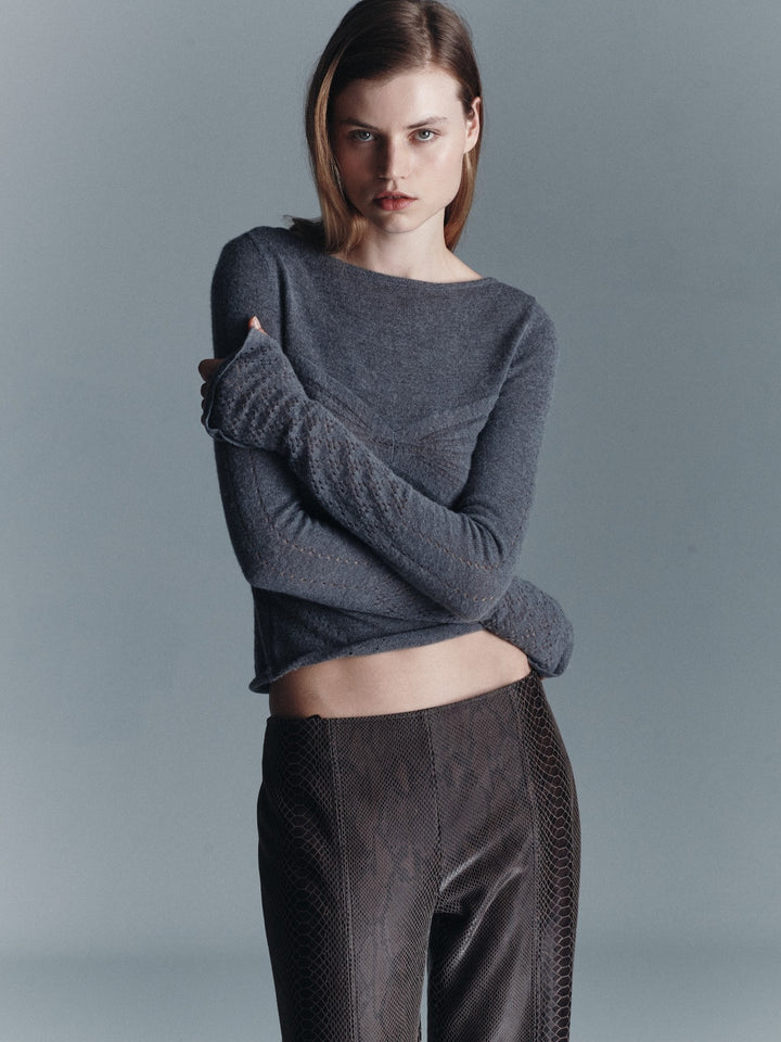 Amelia Pointelle Top | Melange Gray