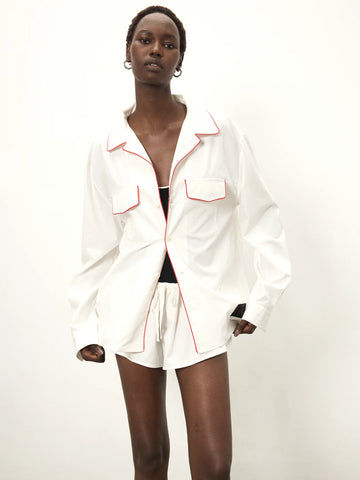 Elemental Boxy Poplin Shirt | White & Red Piping