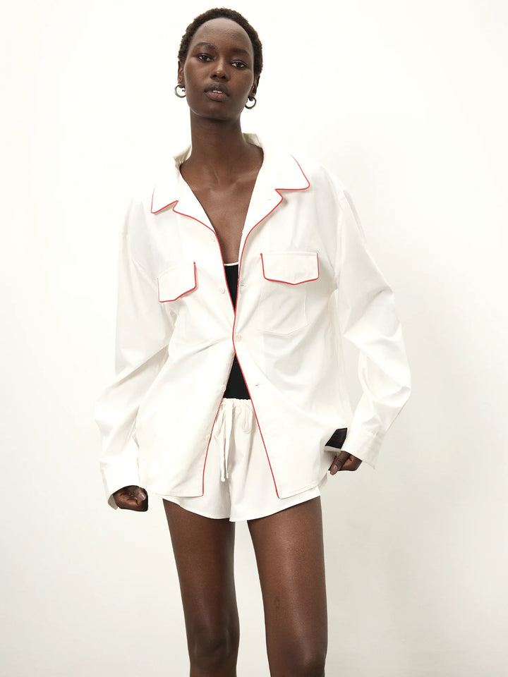 Elemental Boxy Poplin Shirt | White & Red Piping