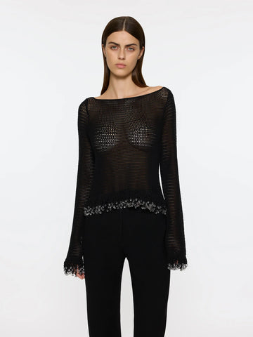 Fringe Long Sleeve Top | Black