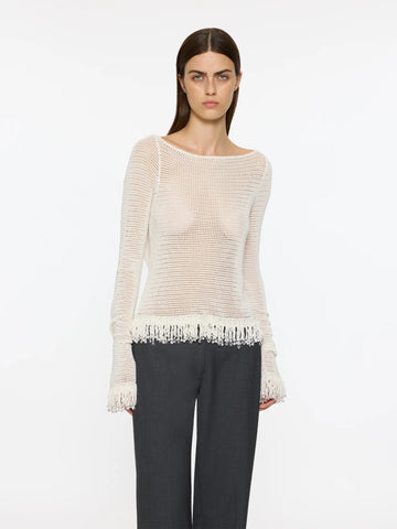 Fringe Long Sleeve Top | White