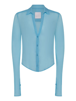 Front view of the Iris Blue 09 Sheer Silk Shirt on a white background