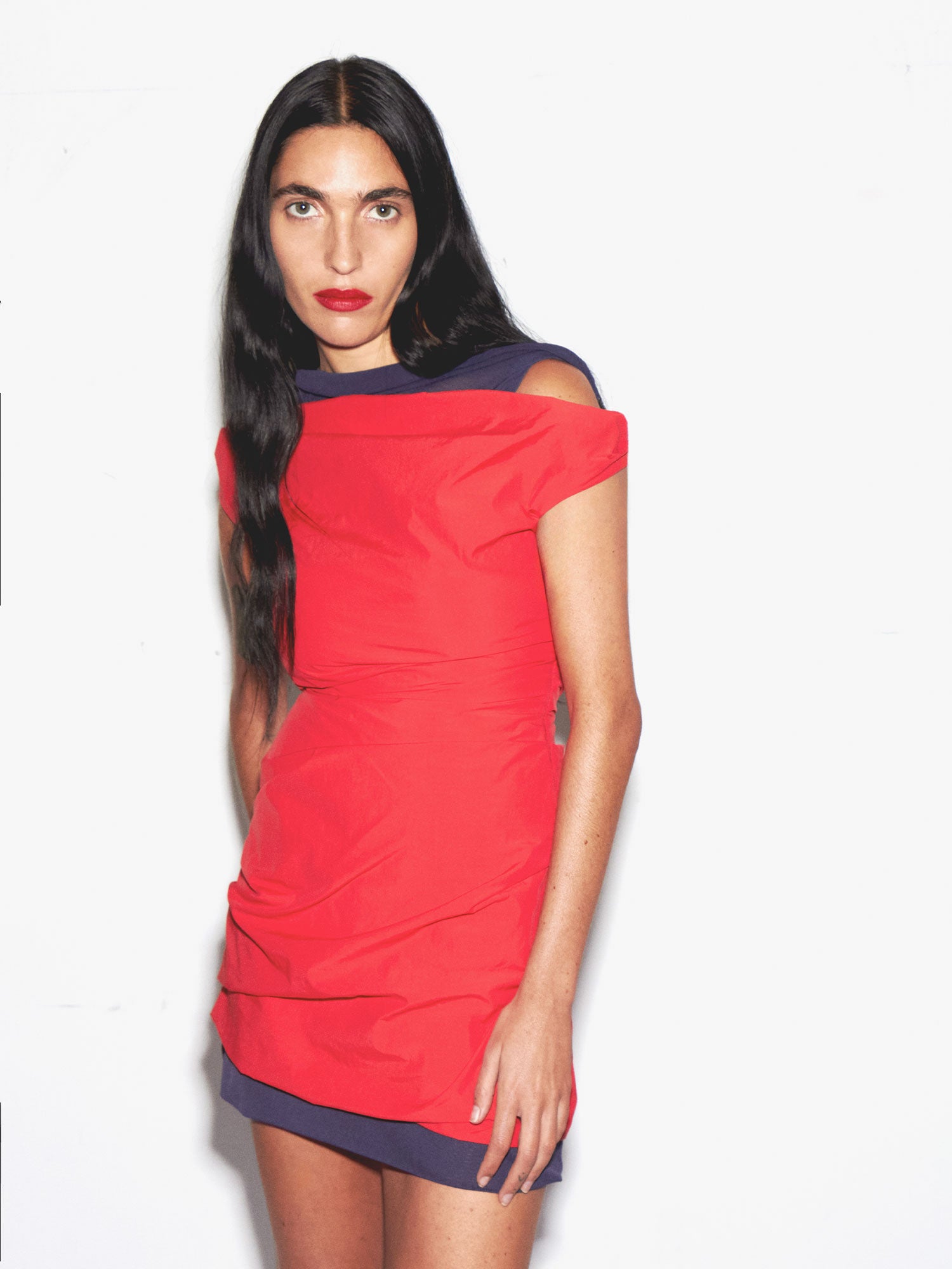 Paris Georgia Effortless Mesh Layered Off-The-Shoulder Atlas Mini Dress Red/Navy Size S Paris Georgia Effortless Mesh Layered Off-The-Shoulder Atlas Mini Dress Red/Navy Size S