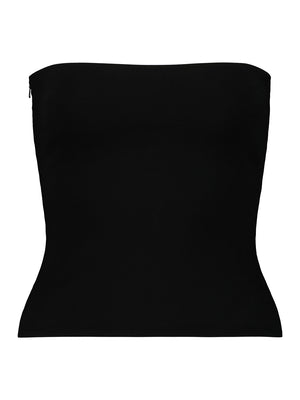 A close-up of a women’s top in black with no background.